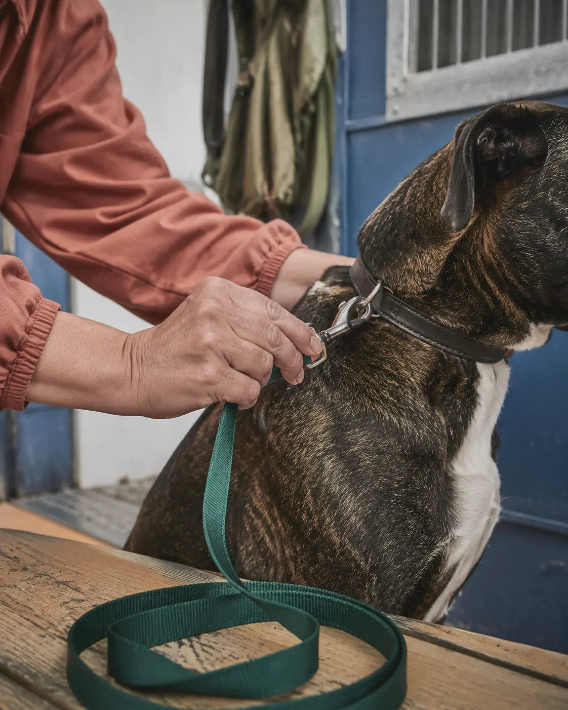 A professional dog-care handover between a team member and owner